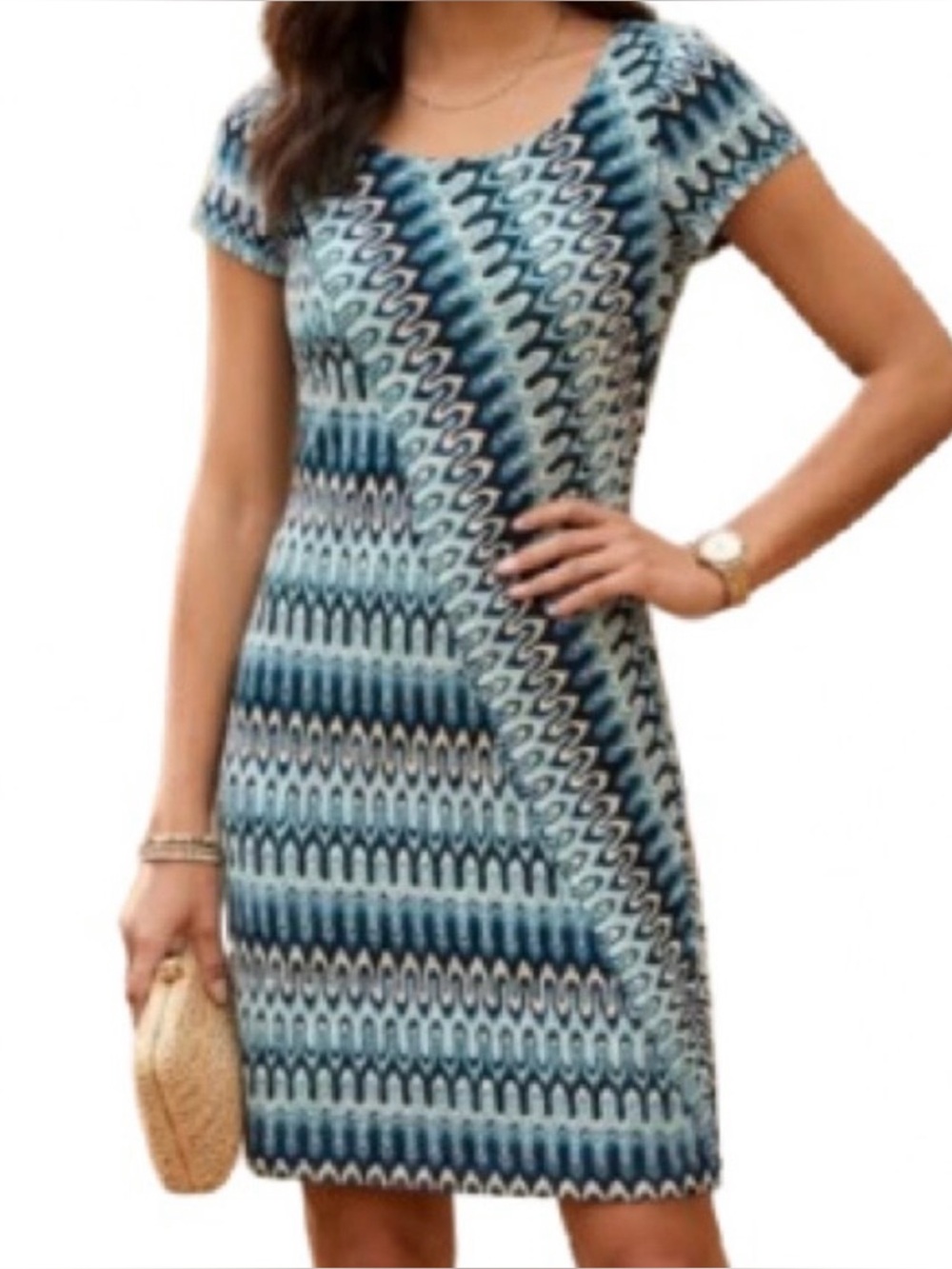 Trina Turk Moesha Retro 60’s 70’s Geometric Zigzag Blue Green Cap Sleeve Dress